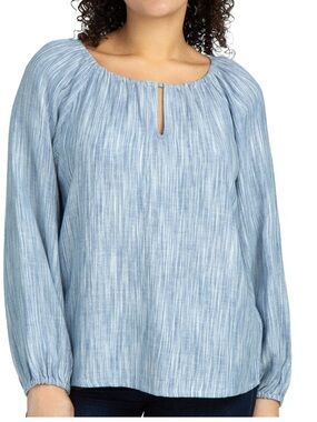 Boston Traders Light Blue Striped Peasant Blouse Linen Blend Size XL